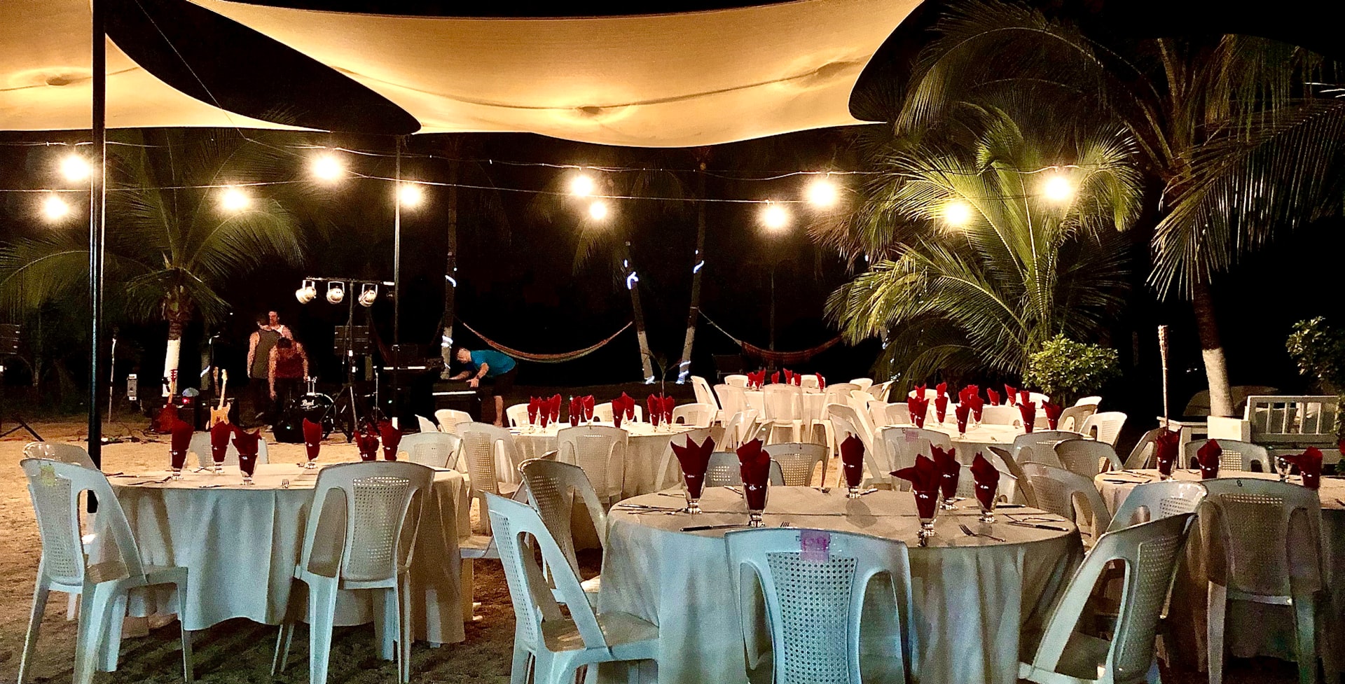 a banquet hall set up for a party